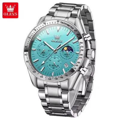 OLEVS 3618 Mens Watch Original Brand Waterproof Luminous Quartz Wristwatch Watch For Man Multifunctional Chronograph - Green & Silver